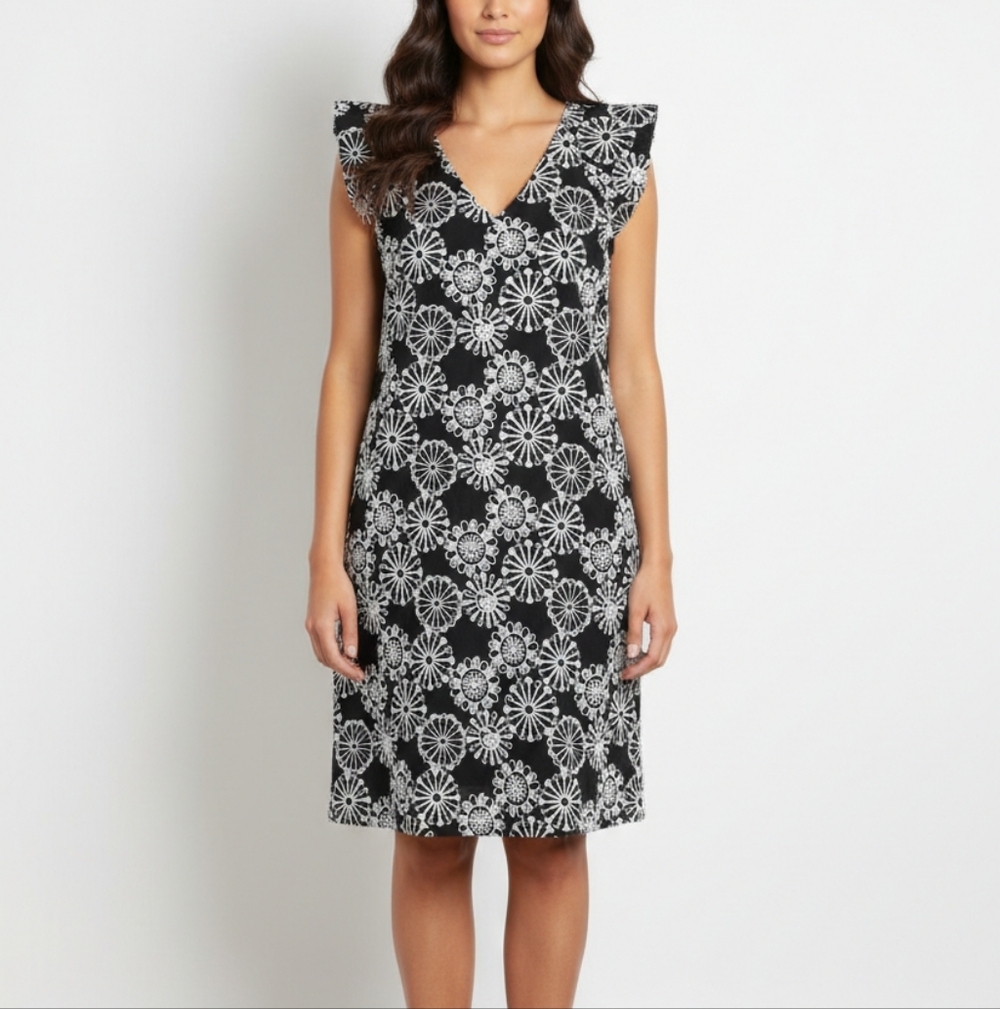 LOFT Outlet Black & White Embroidered Flutter Sleeve Shift Dress Size SP